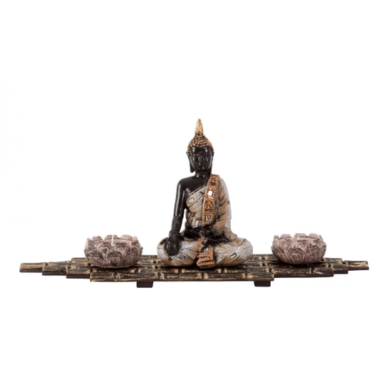 Buddha bambuszszőnyegen mécsestartó